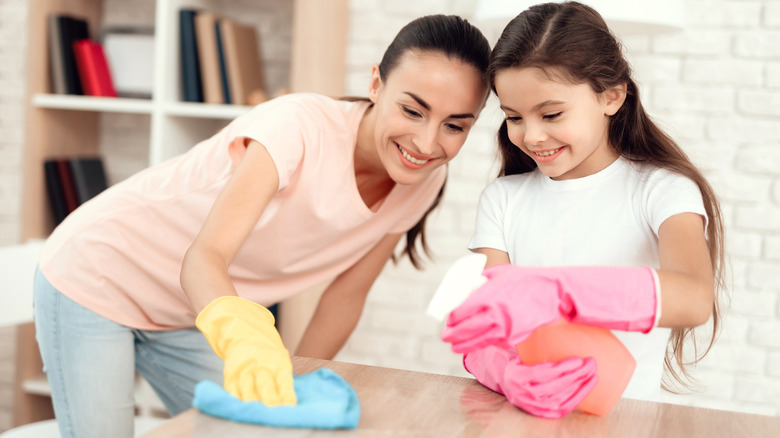 Mother and daughter cleaning together