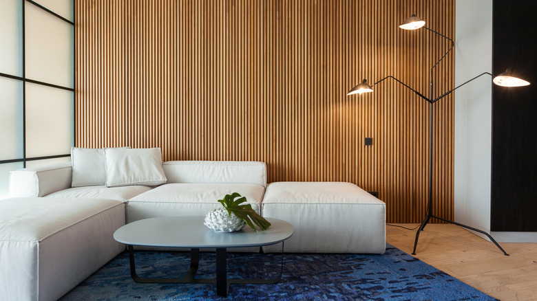 Living room with wood wall