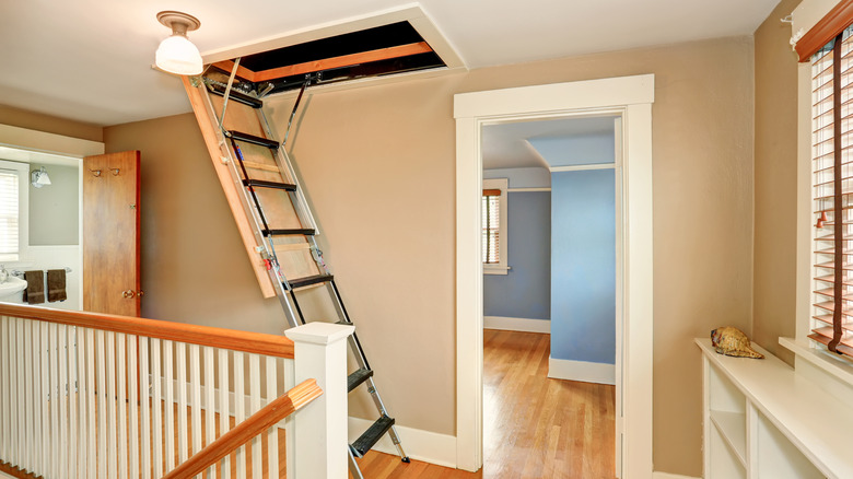 Hallway interior with attic door on ceiling.