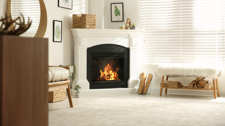 fireplace on carpeting