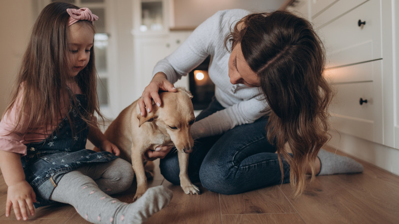 Woman and child sitting on floor in kitchen petting dog