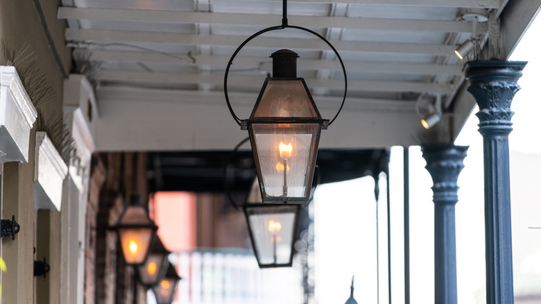 Gas lanterns near a front door