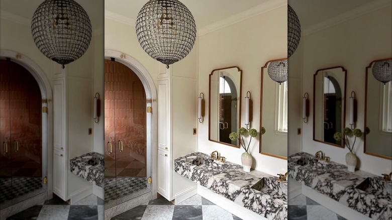 Black and white marble sinks in bathroom