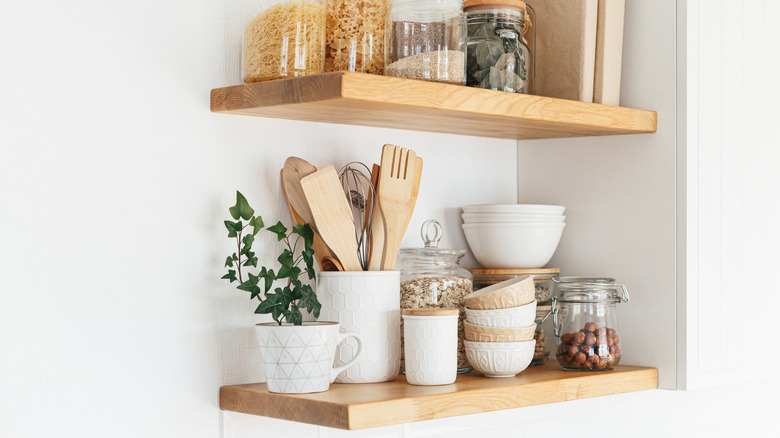 Open shelves with jars and bowls