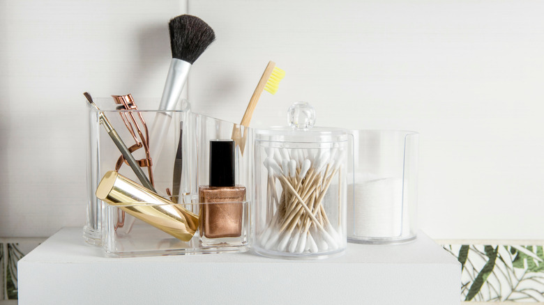 Make up products organized in attractive containers
