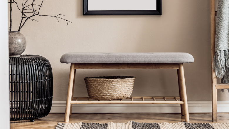 upholstered bench in entryway