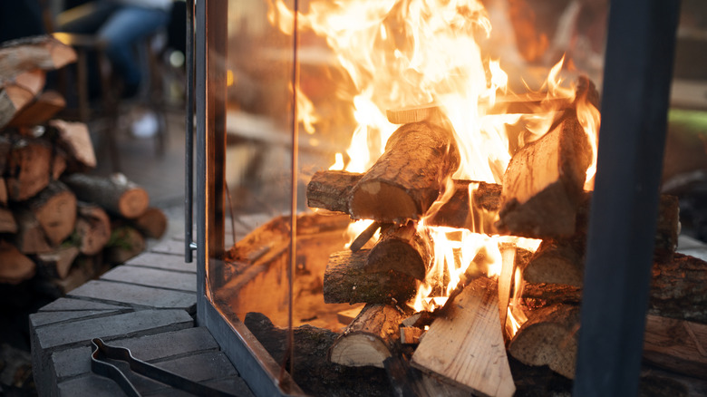 Carousel fireplace burns wood