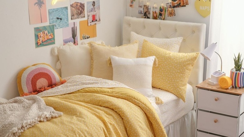 Dorm bed with yellow bedding