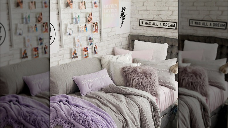 Gray and purple dorm room