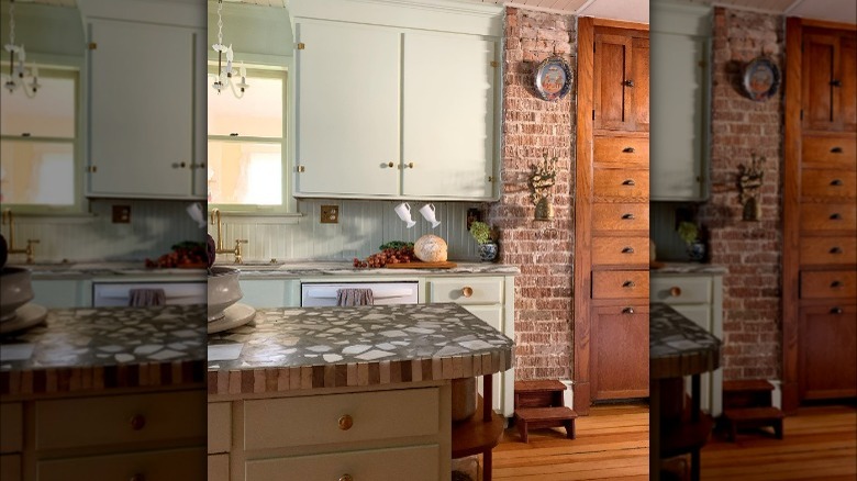 Vintage style kitchen with mint-colored cabinets