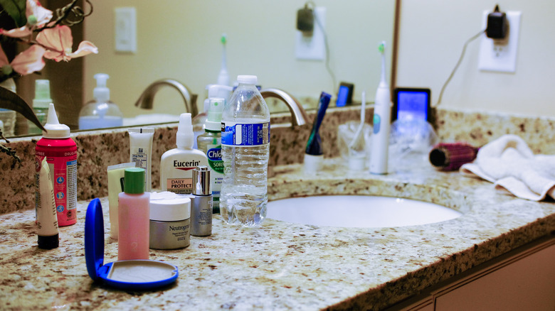 Bathroom countertop with toiletries