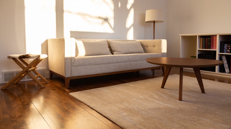 Sun shining in room with couch, rug, and hardwood floors