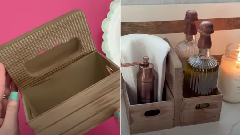 Split images with left side featuring a DIY small storage box on a pink craft table and right side featuring the storage box on the counter with kitchen essentials