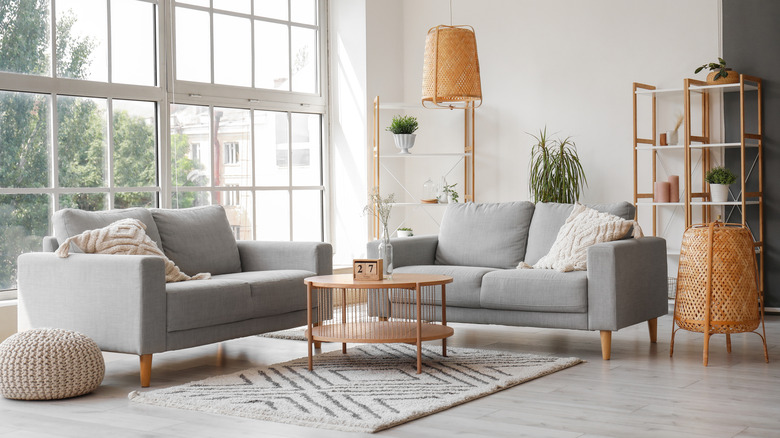 Living room with large windows and no curtains