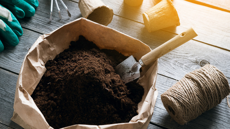 Bag of potting soil with tools and hand shovel