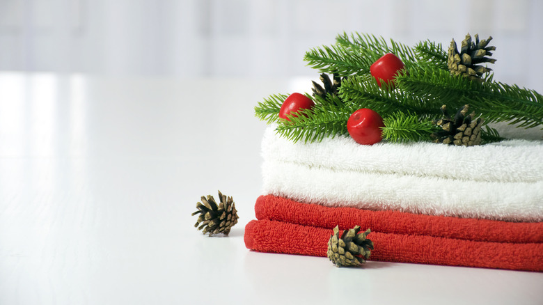 Stack of colorful Christmas towels