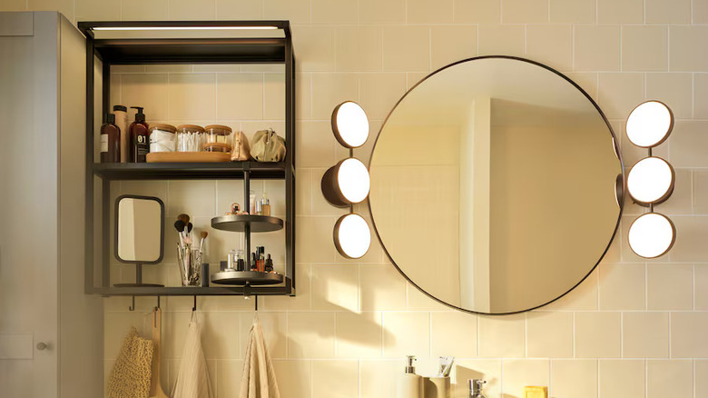 black towel rack with shelves