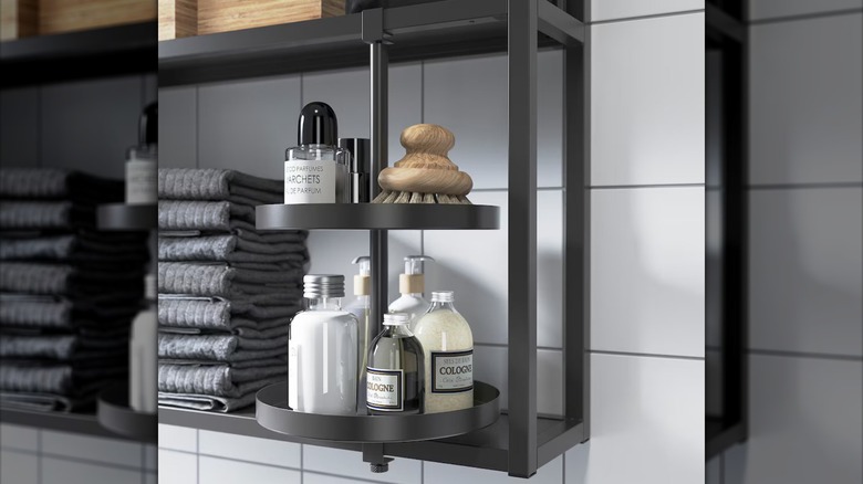 black IKEA bathroom swivel shelf