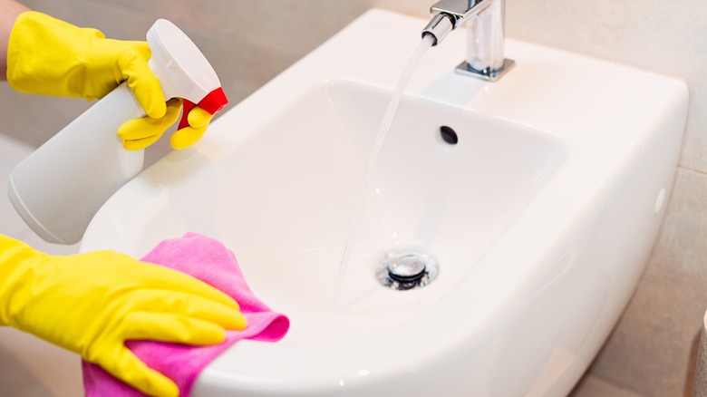 Person cleaning bidet