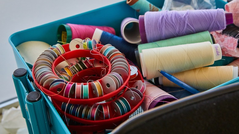 A box of sewing supplies