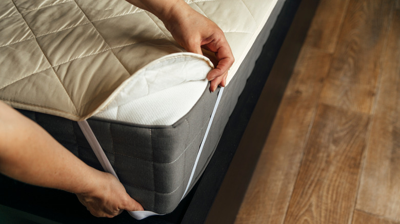 Person installing a mattress cover