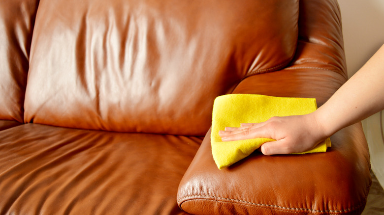 Person wipes leather sofa with cloth