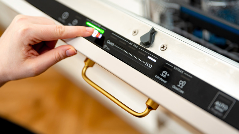 Close-up of person pressing dishwasher button