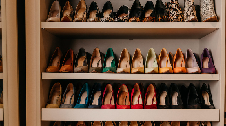 High-heeled shoes on shelves