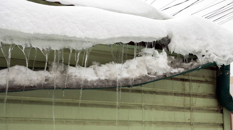 A collapsed gutter full of snow