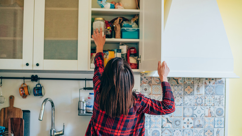 A person opening a kitchen cabinet