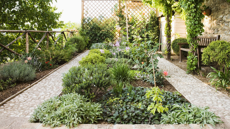 Garden with stone pathways and bench