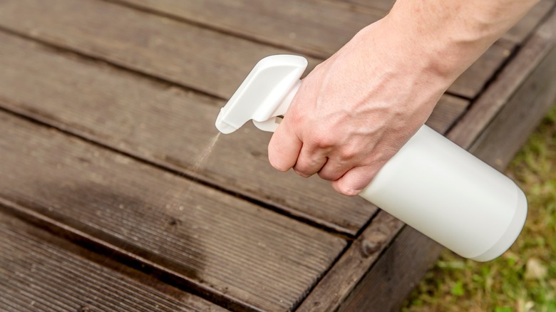 person spraying patio