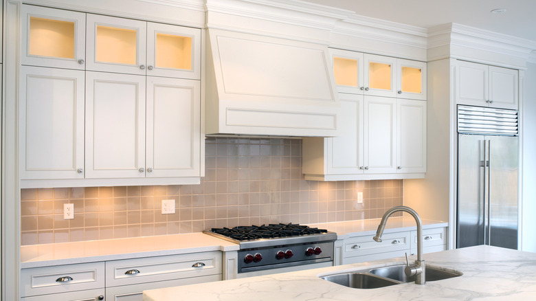 White double-stacked kitchen cabinets