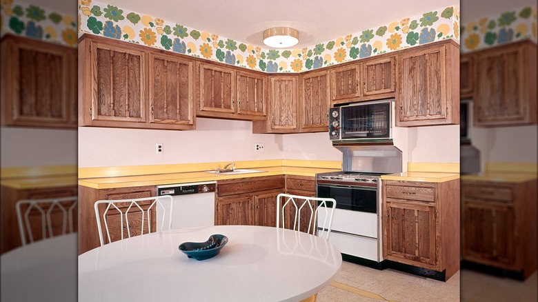 Yellow countertop with wood cabinets