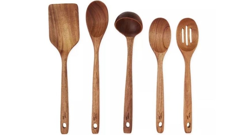 five acacia wood utensils