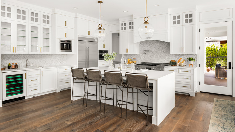 white kitchen with large island