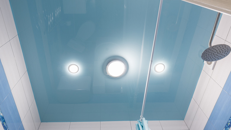 Reflective ceiling in blue bathroom