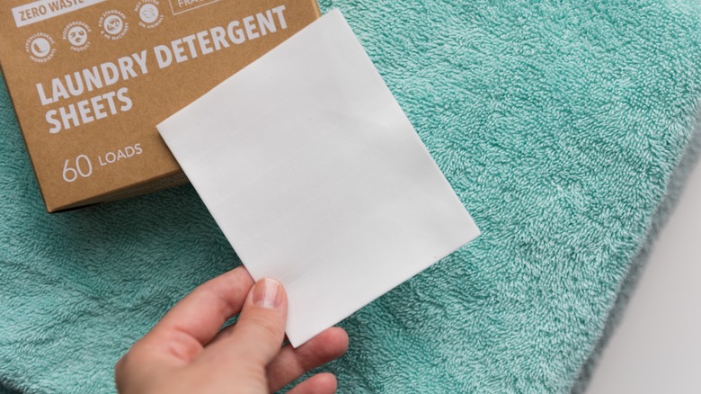 person holding laundry detergent sheet