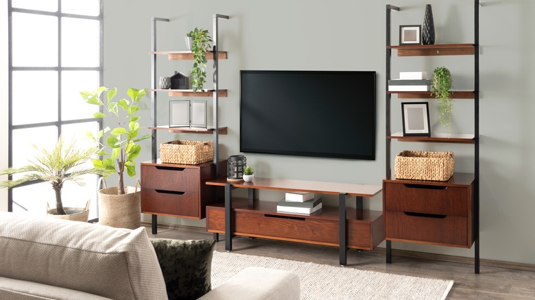 mounted TV with shelves