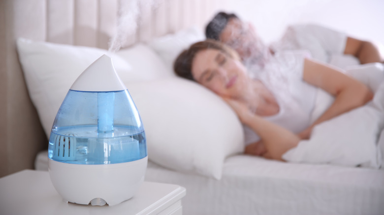 Couple sleeping in bedroom with humidifier