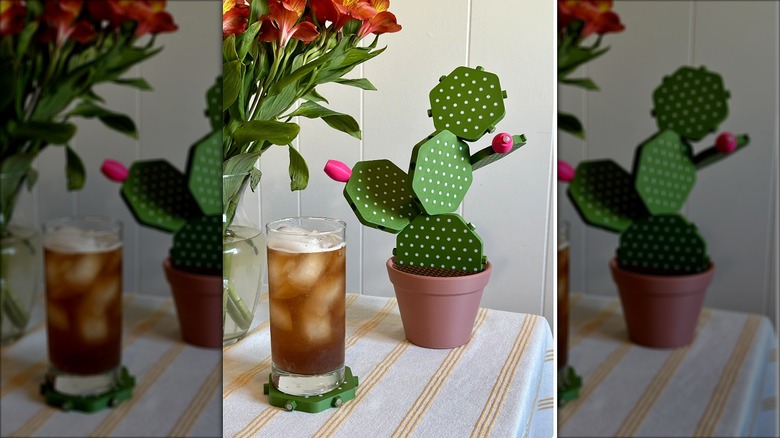 Side table with beverage, live plant, and magnetic cactus coaster on it