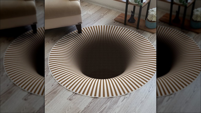 Optical illusion rug that looks like a black hole on the floor