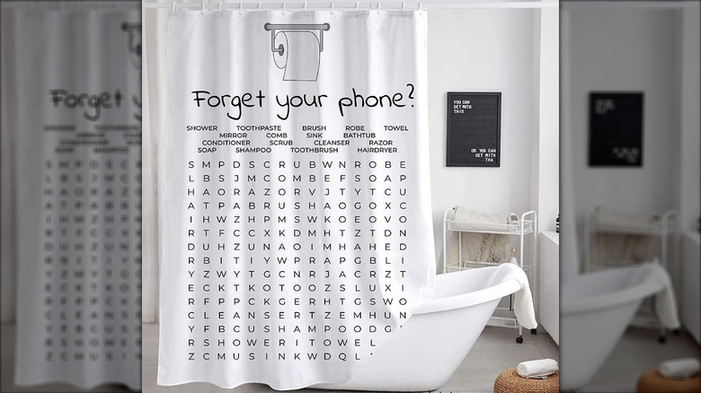 Bathroom with word search shower curtain