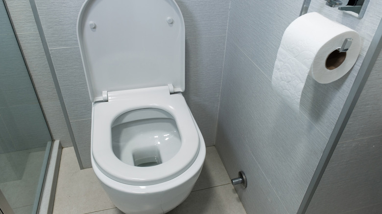 A white plastic toilet in a gray bathroom