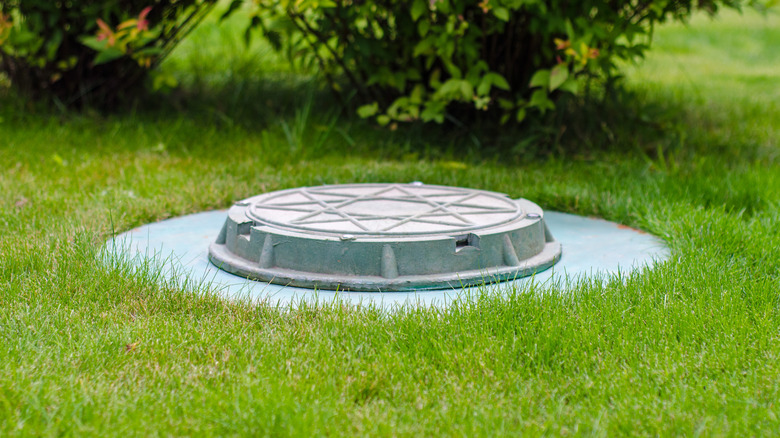 Backyard septic tank cover on green lawn.