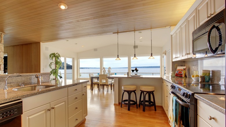 Kitchen with shiplap ceiling