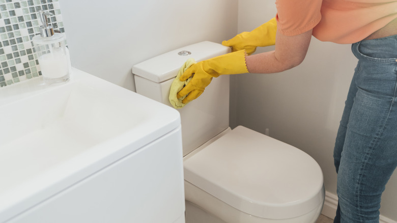 person cleaning a toilet