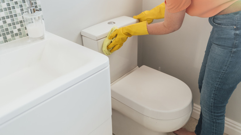 person wiping down toilet