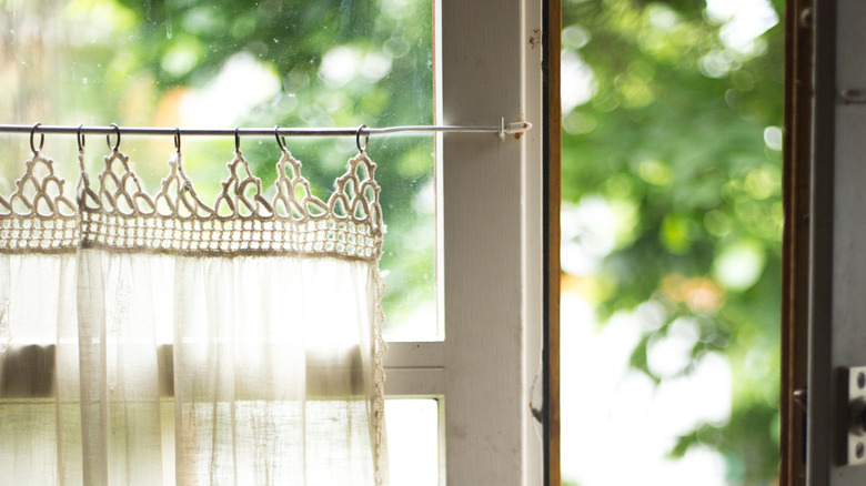 Lightweight white cafe curtain with crochet detail