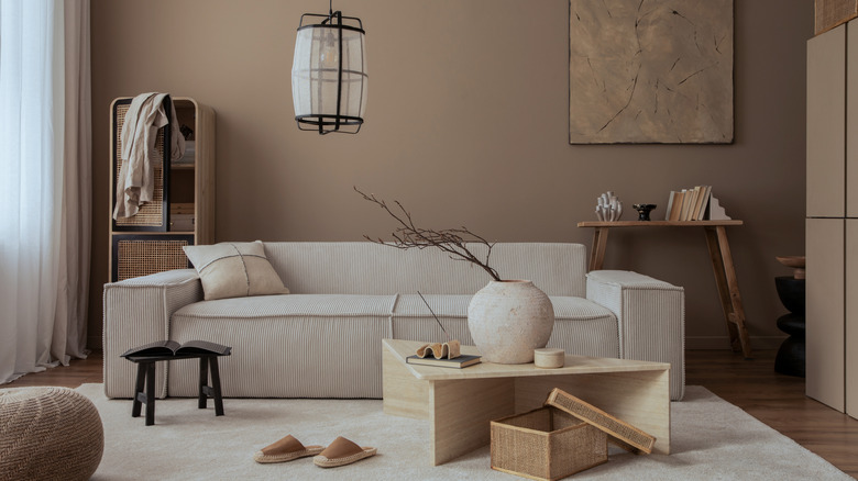 A travertine coffee table in a modern living room